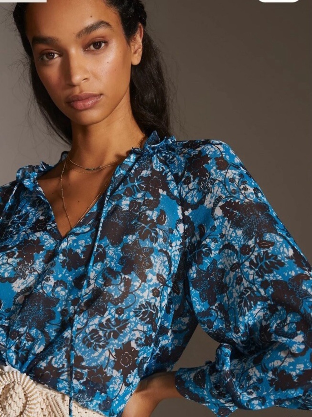 Anthropologie Sheer Printed Peasant Blouse Blue Motif